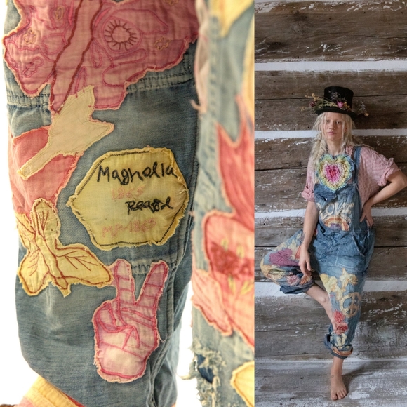 New Magnolia Pearl Love Applique Overalls Woodstock 032 Overall Denim Jeans jean - Picture 10 of 17